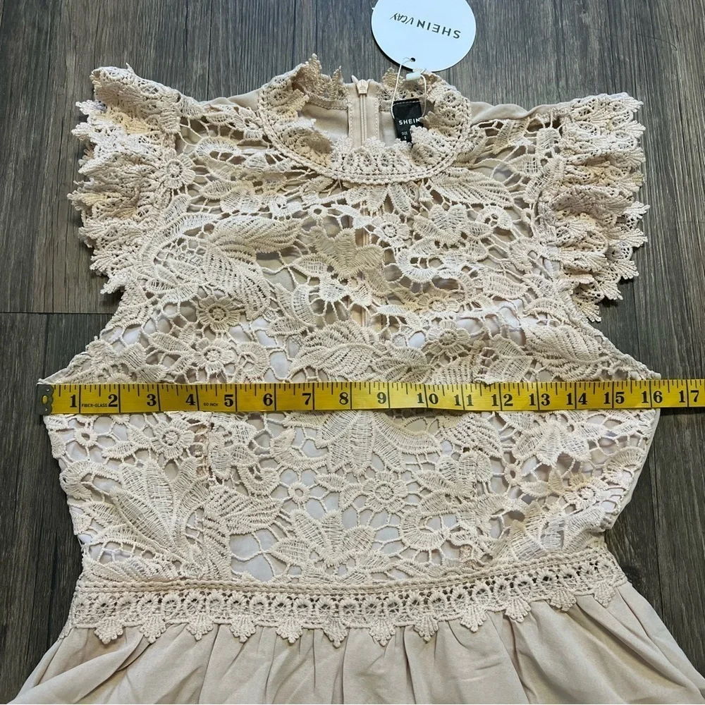 NWT SHEIN Tan Short Sleeves Lace Front Flowy Sun Dress Size S - Picture 11 of 14